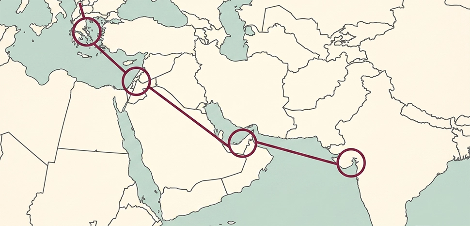 Generated by Google Gemini AI on June 17, 2026. All flags, maps, and likenesses contained within this image are not necessarily accurate representations of reality. / Altered version of this; cc Robvyd - https://commons.wikimedia.org/wiki/File:IMEC_schema.png